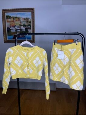 Glamorous Yellow and White Diamond Knit Cardigan & Skirt Set